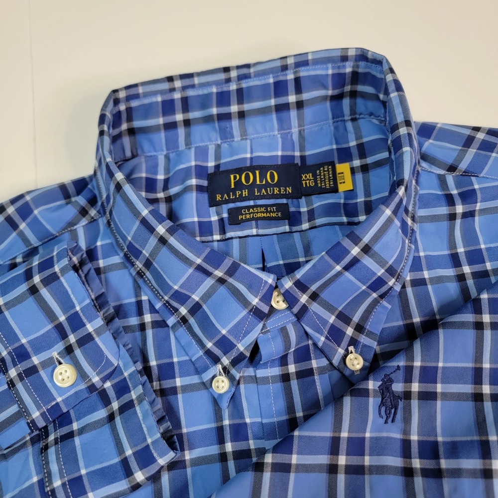 Polo Ralph Lauren Performance Shirt Mens XXL Blue Plaid Long Sleeve Nylon Blend